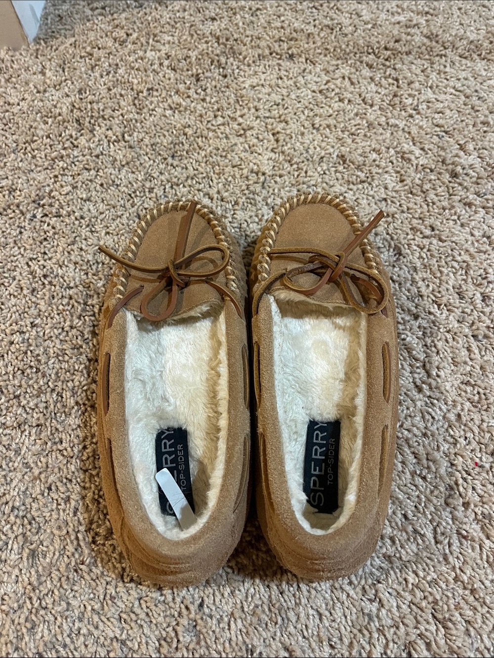 Sperry Chestnut/Tan Suede Moccasin Slippers with Cream Lining
